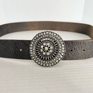 VTG Black Leather Embossed Belt Floral Rhinestone Buckle L Festival Boho Y2K